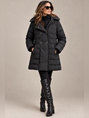 Soia & Kyo Black Down Puffer Coat M Hooded Double Front